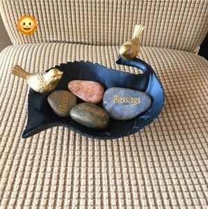 HeavyAcrylic Decorative Black Leaf Tray with Gold Birds and Inspirational Stones